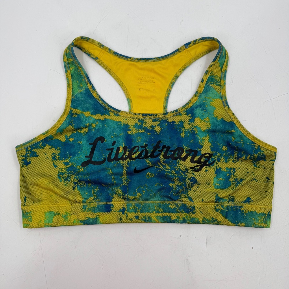 Nike Livestrong Sports Bra Teal Yellow Abstract Print‎ Racerback Women